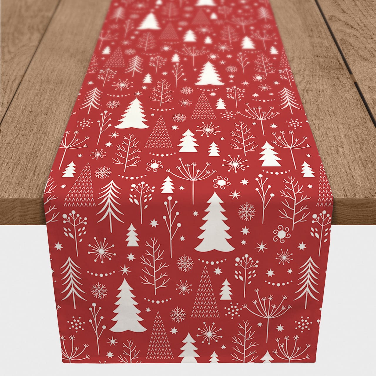 72" Winter Tree Pattern Red Poly Twill Table Runner